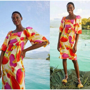 Farm Rio Puff Sleeve Dress Linen Viscose in Cashew Juice